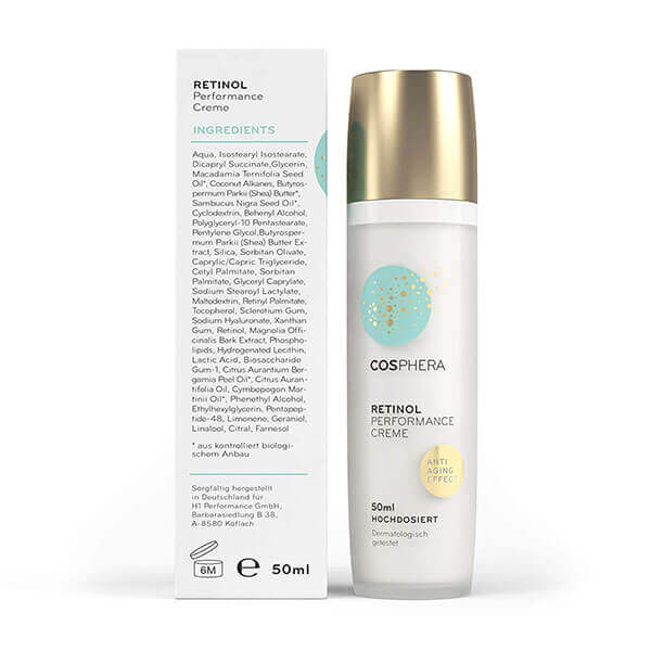 Cosphera Retinol Performance Creme - Spender und Verpackung mit Inhaltsstoffen