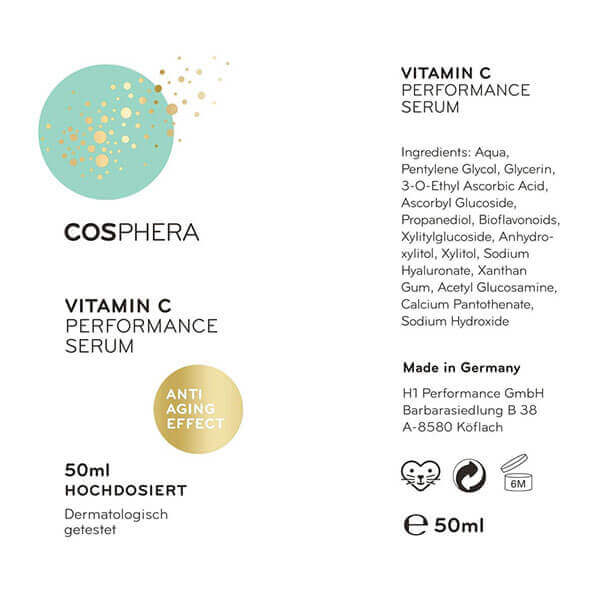 Cosphera Vitamin C Performance Serum - Inhaltsstoffe Verpackung
