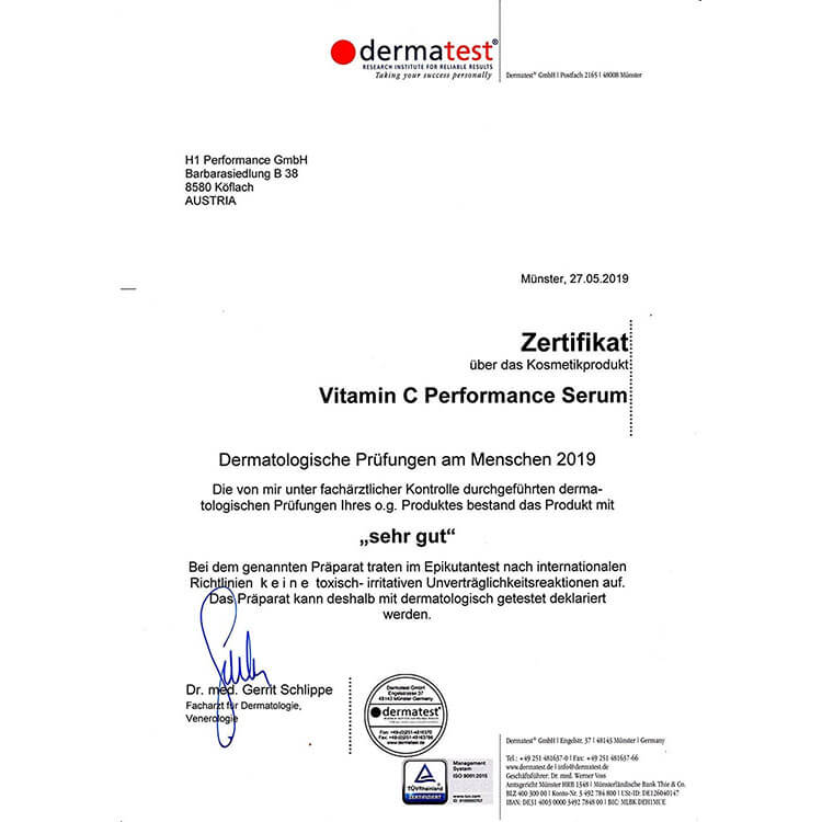 Cosphera Vitamin C Performance Serum - Zertifikat