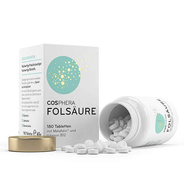 Cosphera Folsäure Tabletten - Dose mit Verpackung und Kapseln