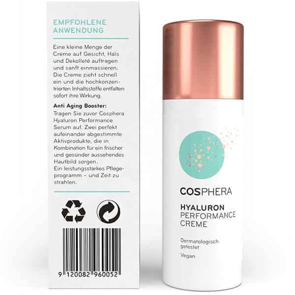 Cosphera Hyaluron Performance Creme - Spender und Verpackung mit Anwendungsempfehlung