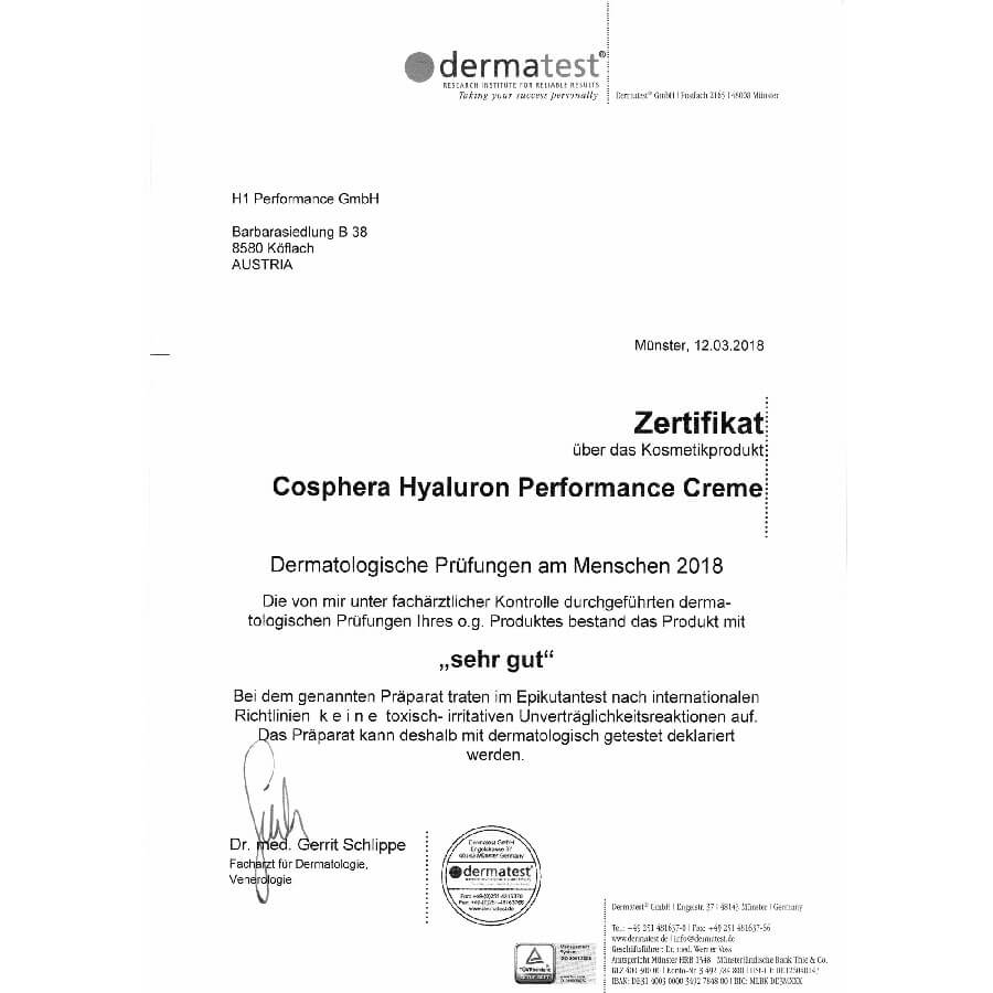 Cosphera Hyaluron Performance Creme - Zertifikat
