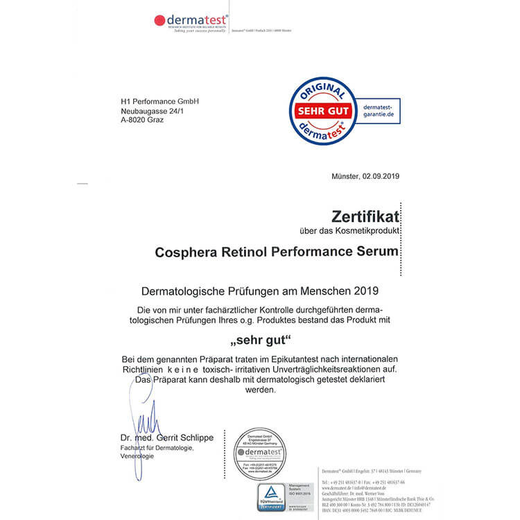 Cosphera Retinol Performance Serum - Zertifikat